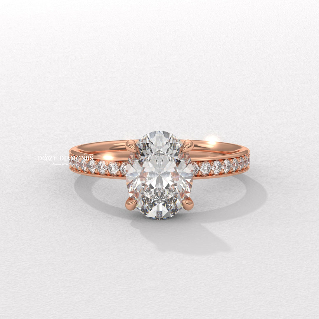 Profile view of oval cut solitaire engagement ring band