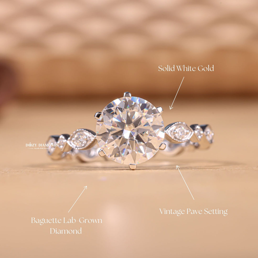 Round cut pave engagement ring shown in real-life wear