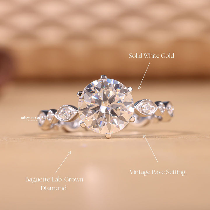 Round cut pave engagement ring shown in real-life wear