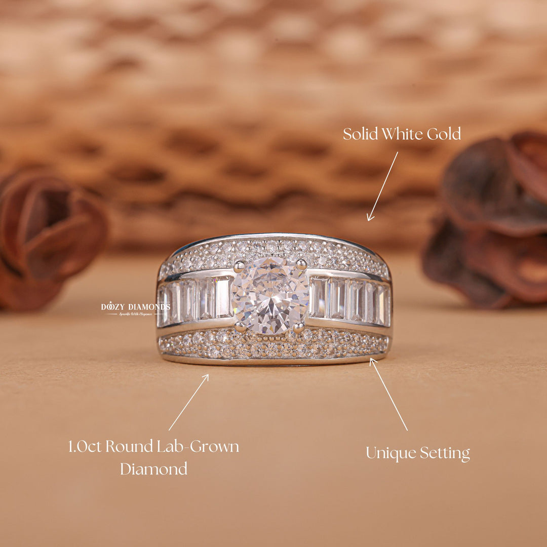 Round dome engagement ring shown on hand for true-to-life sizing