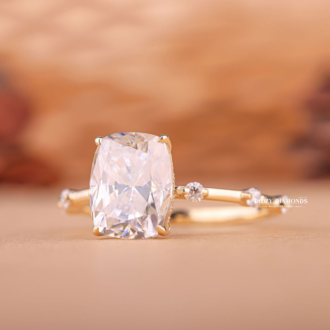 Cushion pave lab grown diamond ring side profile in gold setting