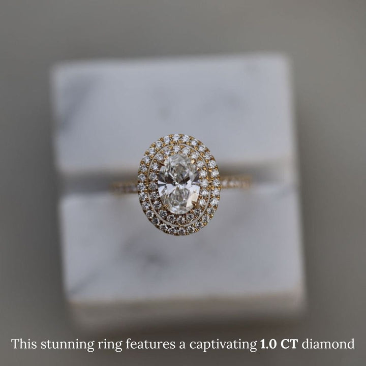 1.0CT oval cut halo engagement ring available to buy now