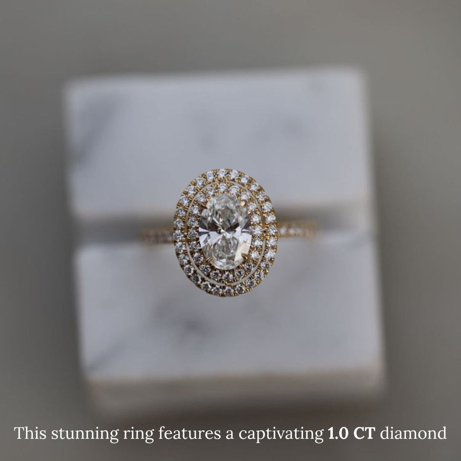 1.0CT oval cut halo engagement ring available to buy now