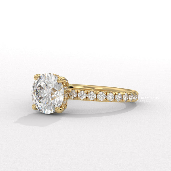 Handcrafted round cut hidden halo lab grown diamond engagement ring