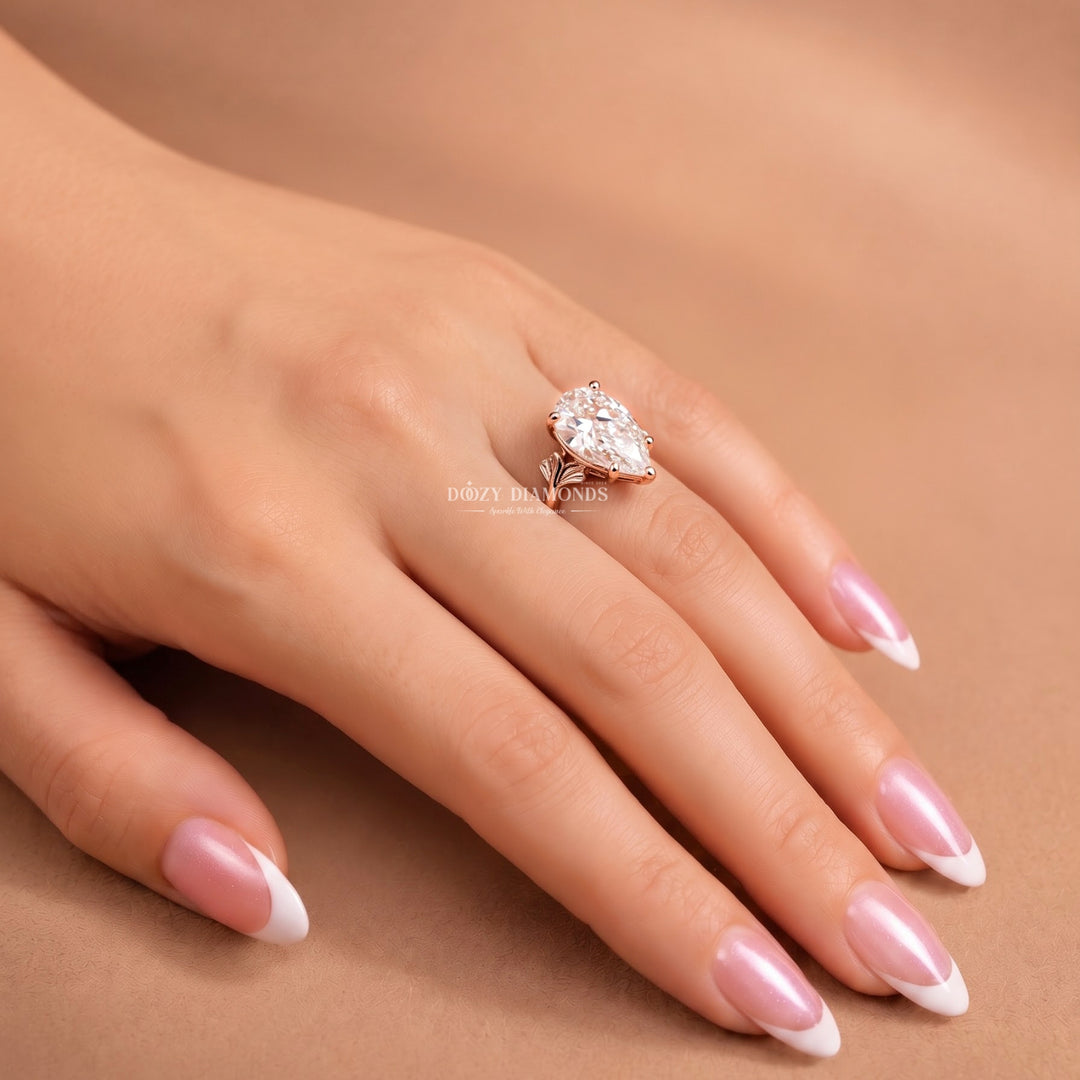 2.50CT Pear Shaped Lab Grown Diamond Ring – Leaf Engagement Ring for Women