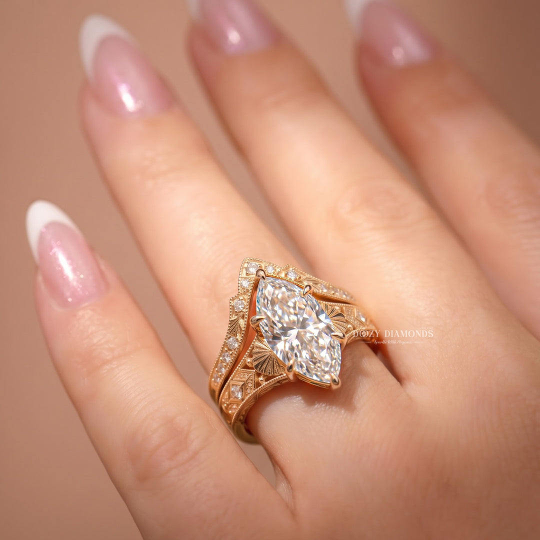2.50CT Marquise F/VVS2 Lab Grown Diamond Chevron Bridal Ring Set