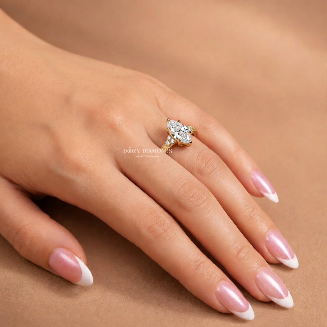 2.0CT Marquise E/VS2 Lab Grown Diamoind Engagement Ring, Engraved Gold Shoulder Accents