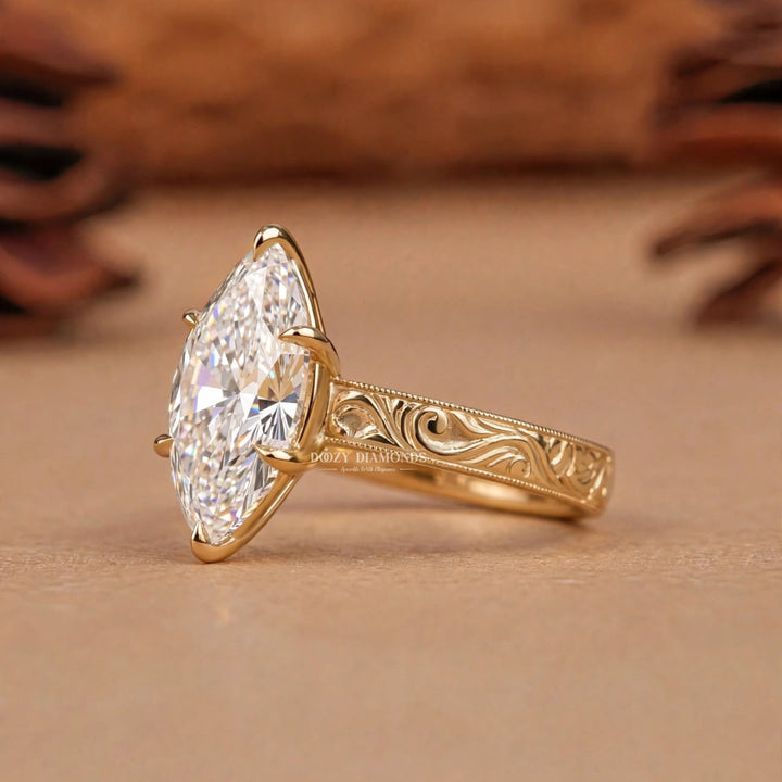 2.0CT Marquise F/VVS1 Lab Grown Ring, Hand Engraved Scroll Gold Band