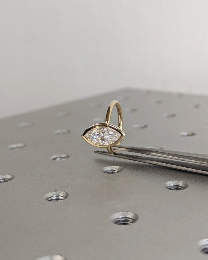 Marquise bezel lab grown diamond ring side profile in gold setting
