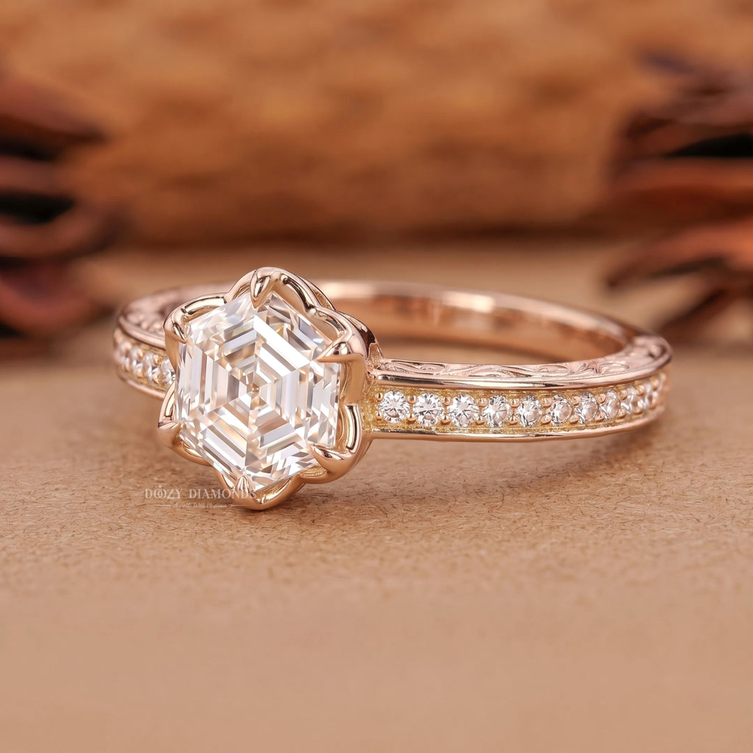2.0CT Hexagonal E/VVS1 Lab Grown Diamond Floral Halo Engagement Ring