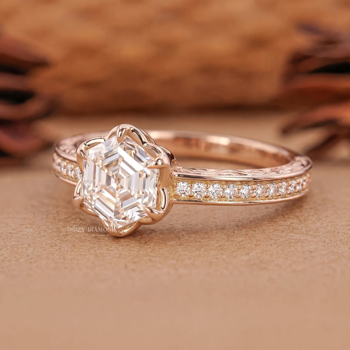 2.0CT Hexagonal E/VVS1 Lab Grown Diamond Floral Halo Engagement Ring