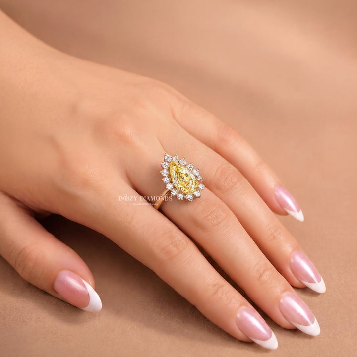 1.50CT Pear Yellow Lab Grown Diamond Halo Engagement Ring For Women