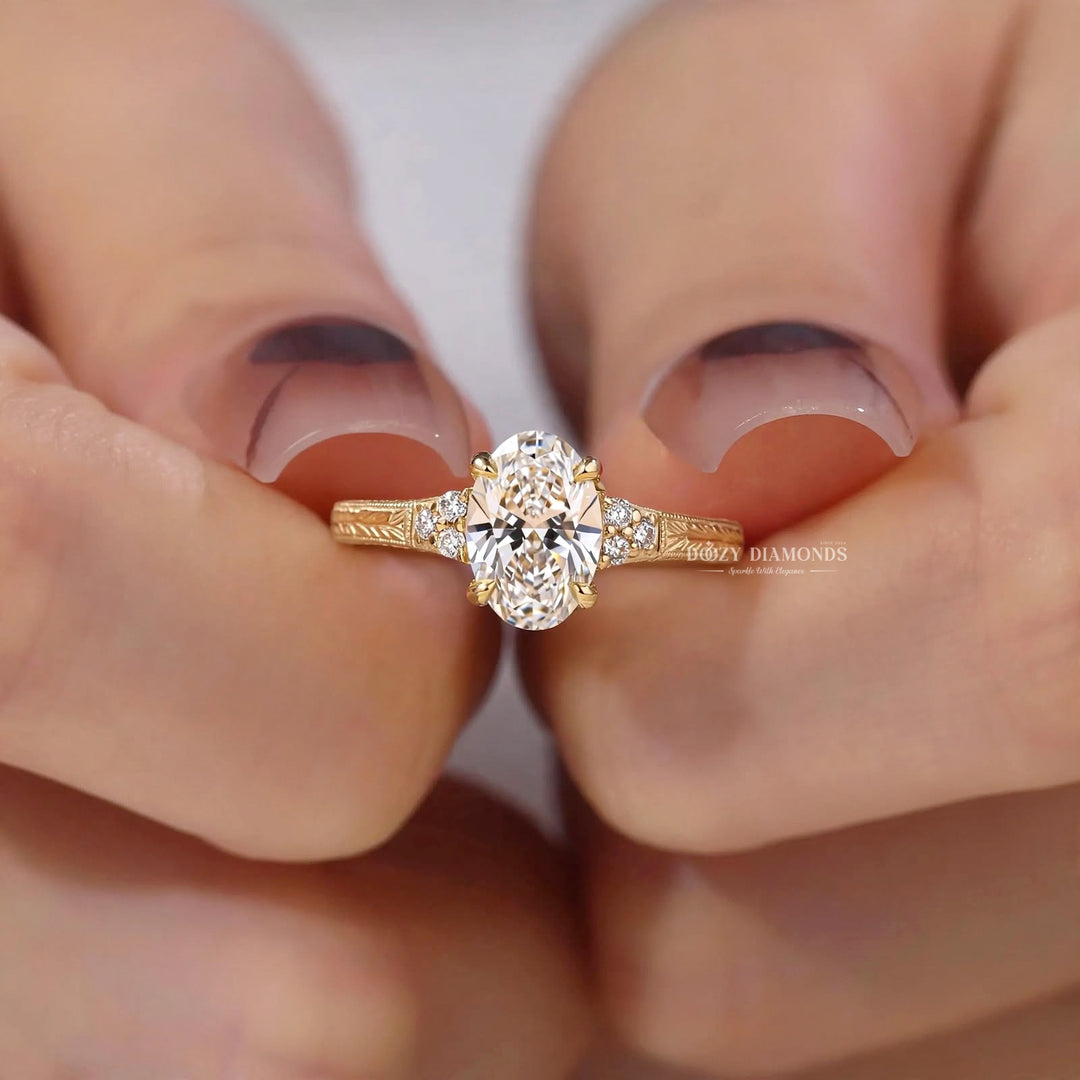 2.50CT Oval F/VS1 Lab Grown Engagement Ring with Cluster Accents, Engraved Gold Band