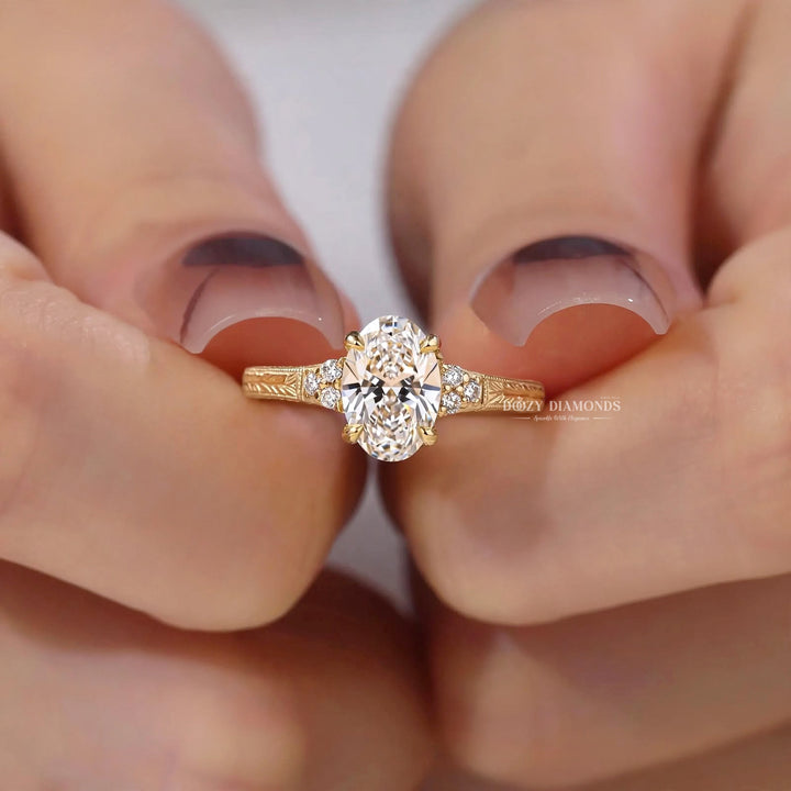 2.50CT Oval F/VS1 Lab Grown Engagement Ring with Cluster Accents, Engraved Gold Band