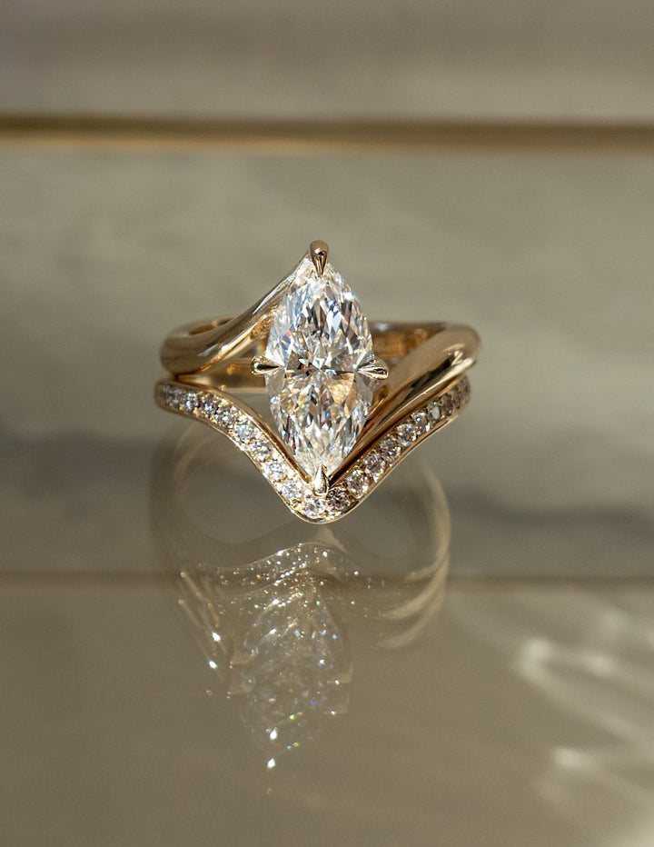 2.50CT Marquise Bypass Lab Grown Diamond Ring Yellow Gold Chevron Pave Band