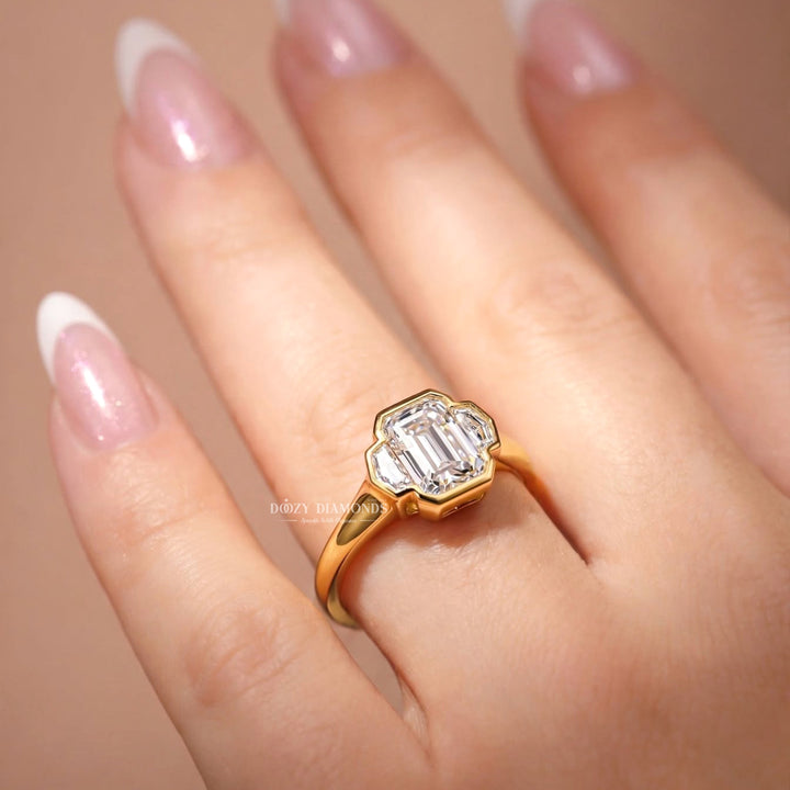 2.0CT Emerald Cut E/VS2 Lab Grown Diamond Art Deco Bezel Three Stone Engagement Ring