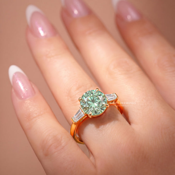 1.50CT Round Green Three Stone Lab Grown Diamond with Tapered Baguettes