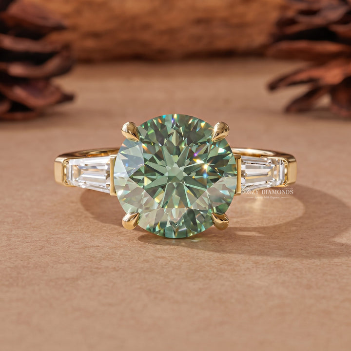 1.50CT Round Green Three Stone Lab Grown Diamond with Tapered Baguettes