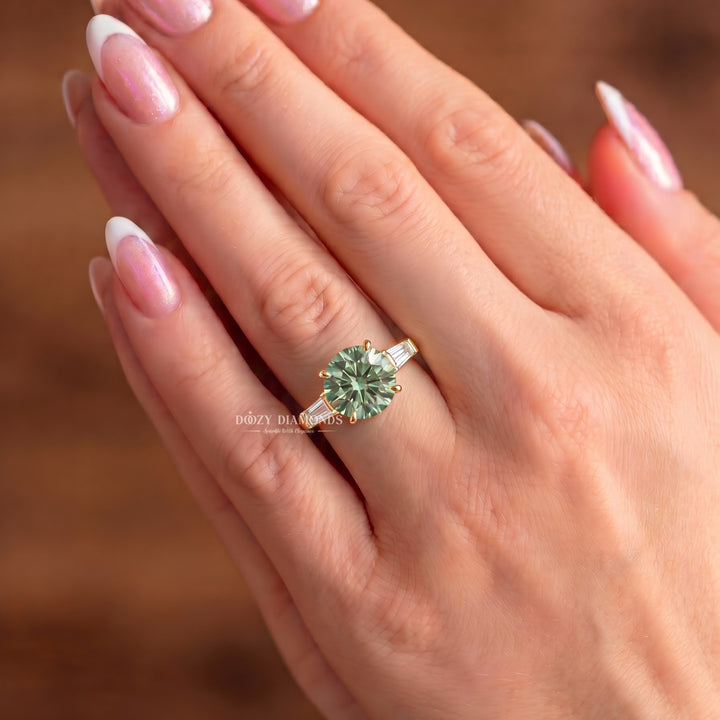 1.50CT Round Green Three Stone Lab Grown Diamond with Tapered Baguettes