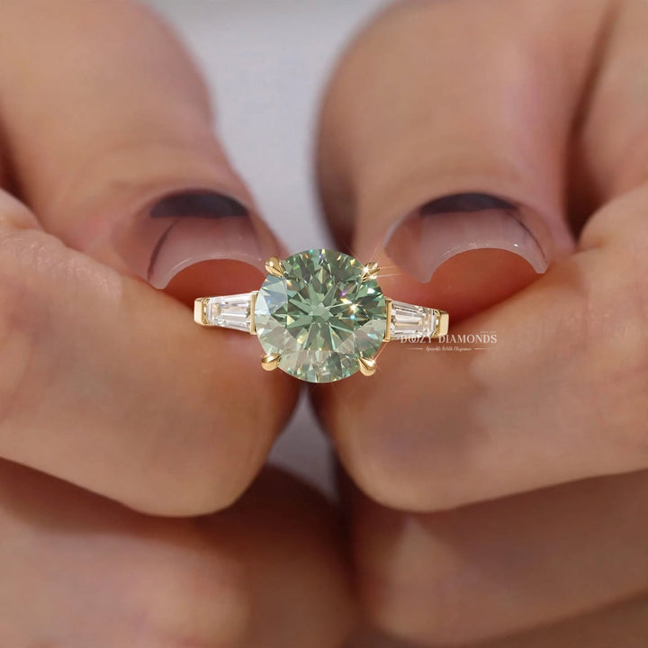 1.50CT Round Green Three Stone Lab Grown Diamond with Tapered Baguettes
