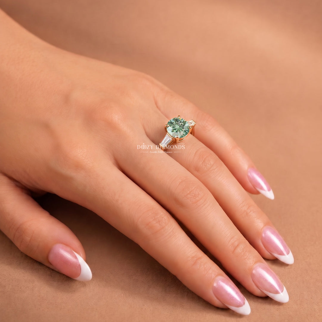 1.50CT Round Green Three Stone Lab Grown Diamond with Tapered Baguettes