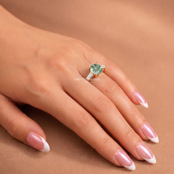 1.50CT Round Green Three Stone Lab Grown Diamond with Tapered Baguettes