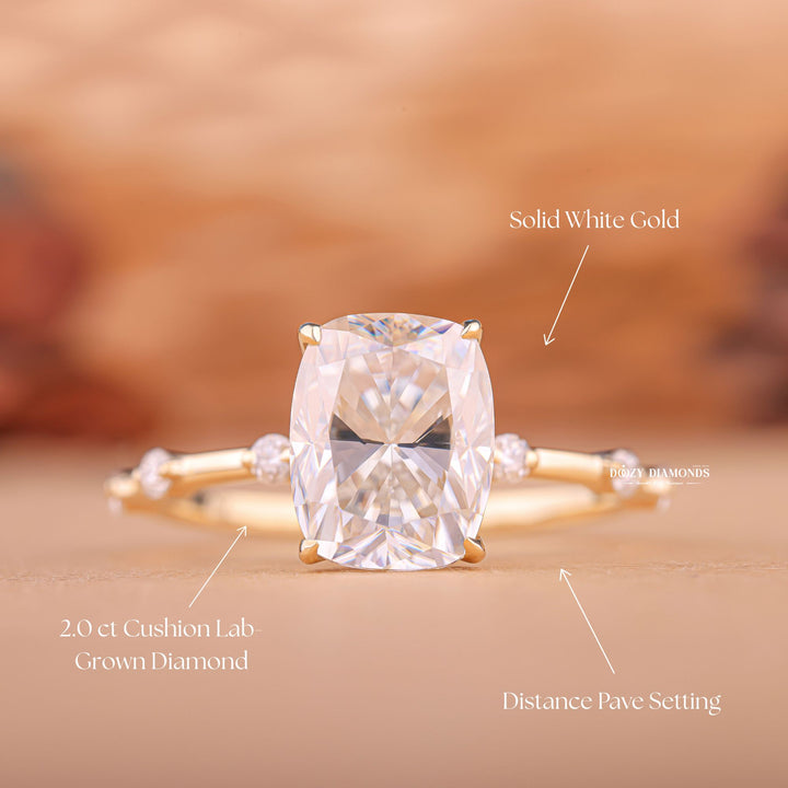 Cushion cut engagement ring side view showing band detail
