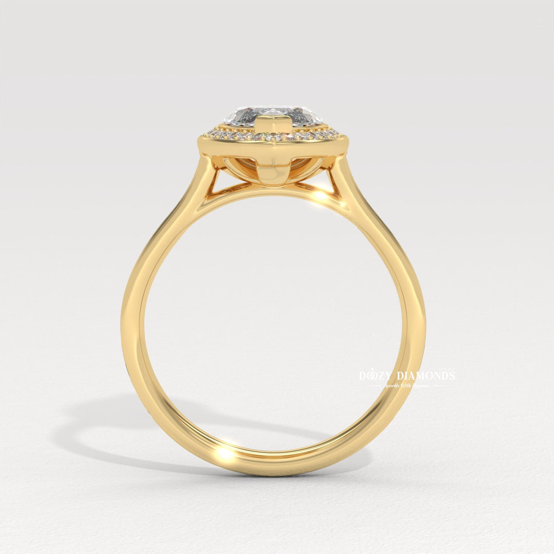 Marquise halo engagement ring with IGI certificate and packaging
