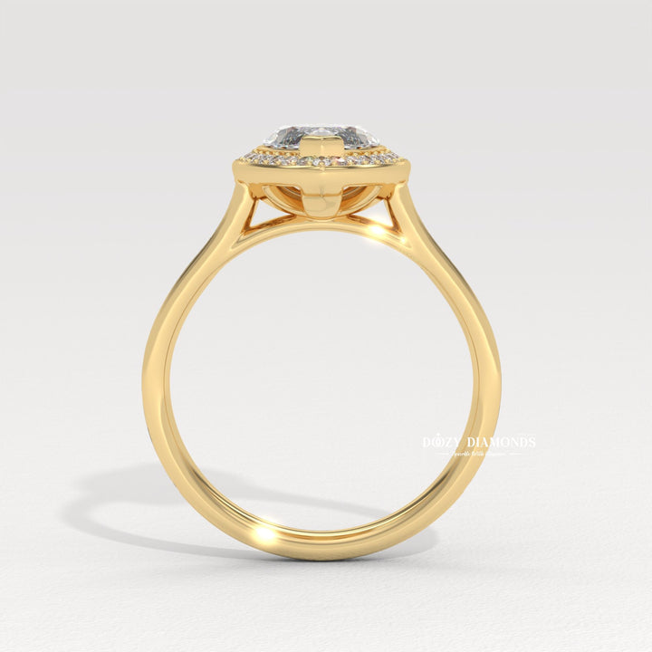Marquise halo engagement ring with IGI certificate and packaging