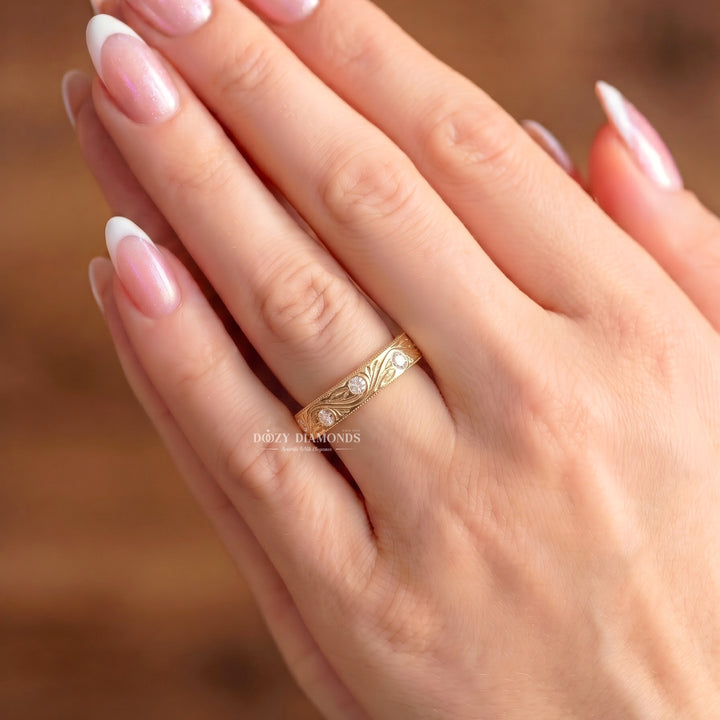 Engraved Vine Wedding Band with Lab Grown Stones, Gold