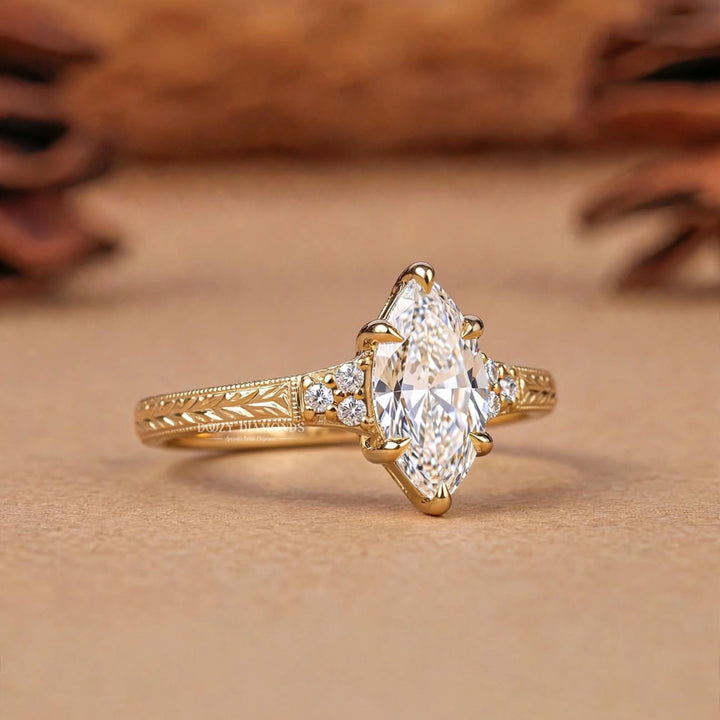2.0CT Marquise E/VS2 Lab Grown Diamoind Engagement Ring, Engraved Gold Shoulder Accents