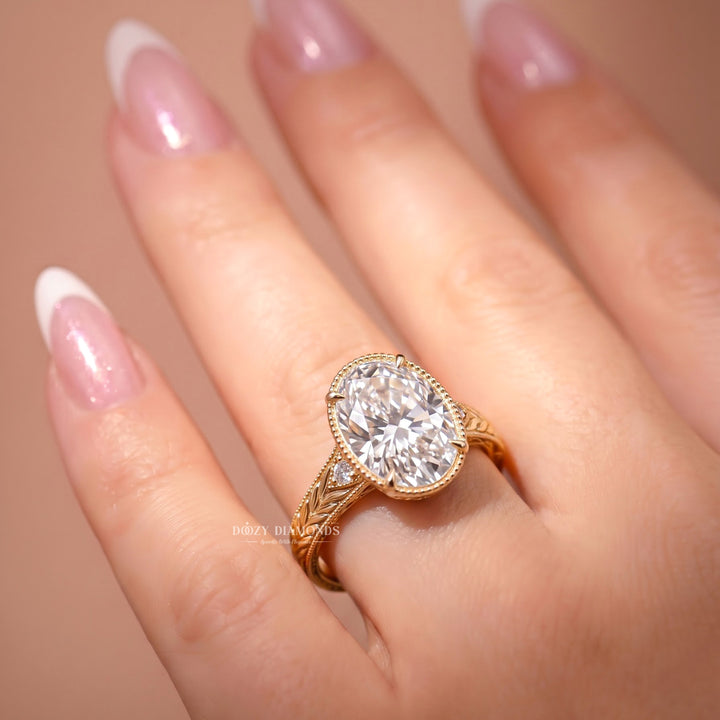 2.50CT Ova Vintage Nature Inspired E/VS1 Gold Engagement Ring with Leaf Detailing