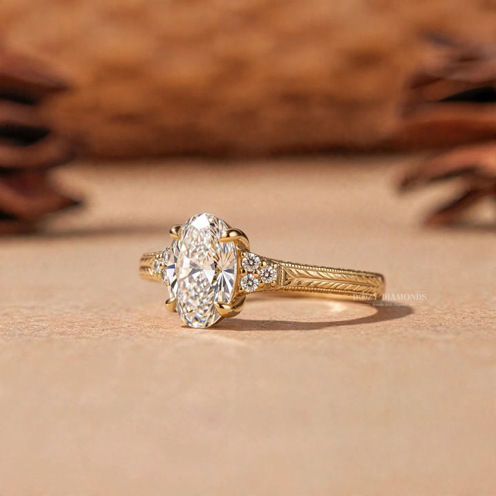 2.50CT Oval F/VS1 Lab Grown Engagement Ring with Cluster Accents, Engraved Gold Band