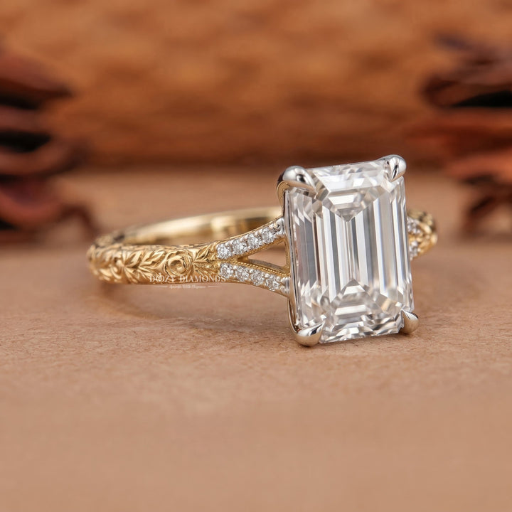 2.0CT Emerald Cut E/VS1 Lab Grown Diamond – Nature Inspired Vintage Engagement Ring