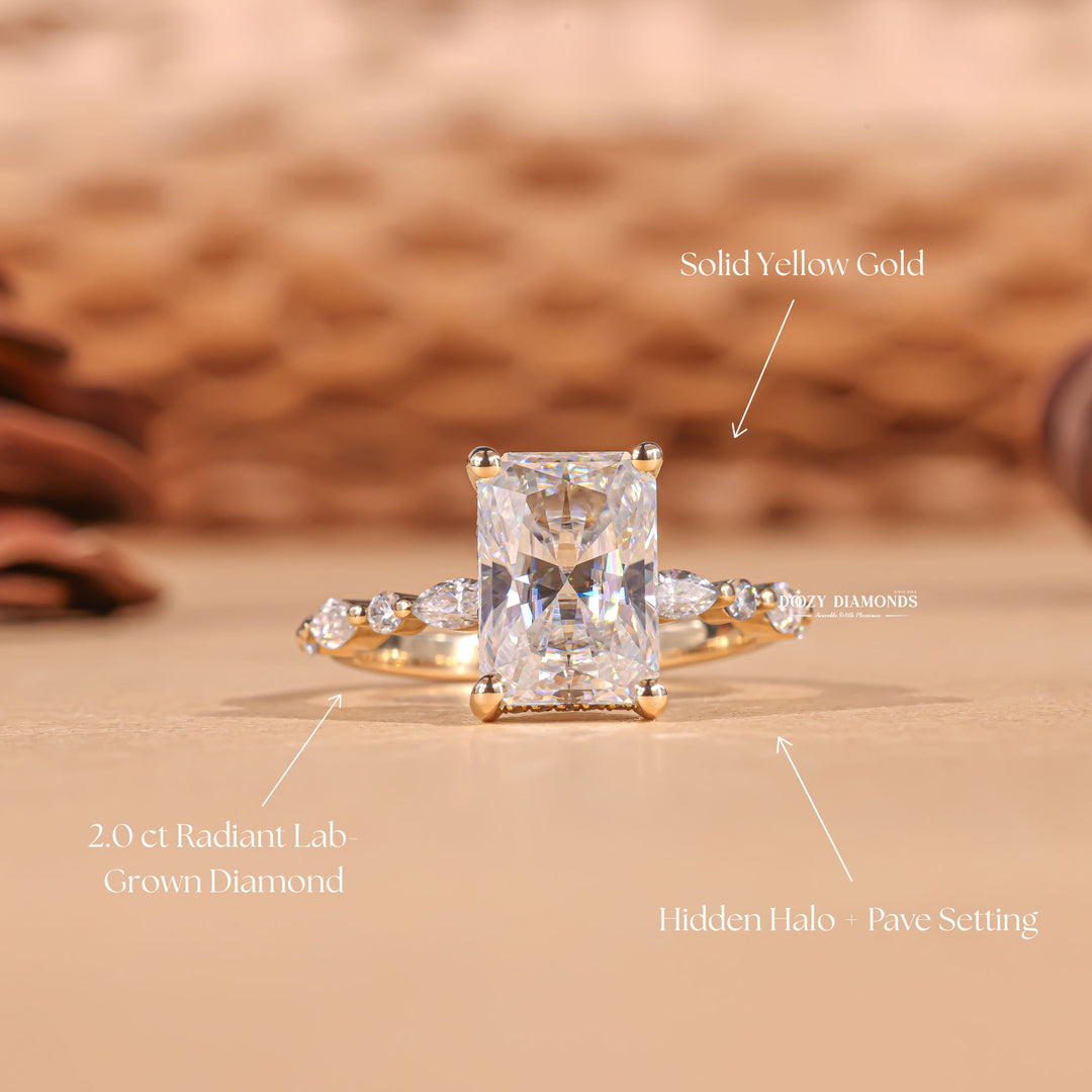 Radiant hidden halo lab grown diamond ring fitted on finger
