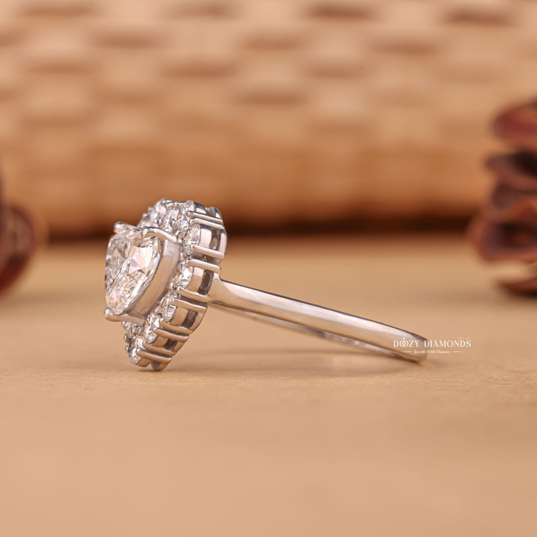 Heart cut halo engagement ring shown in real-life wear