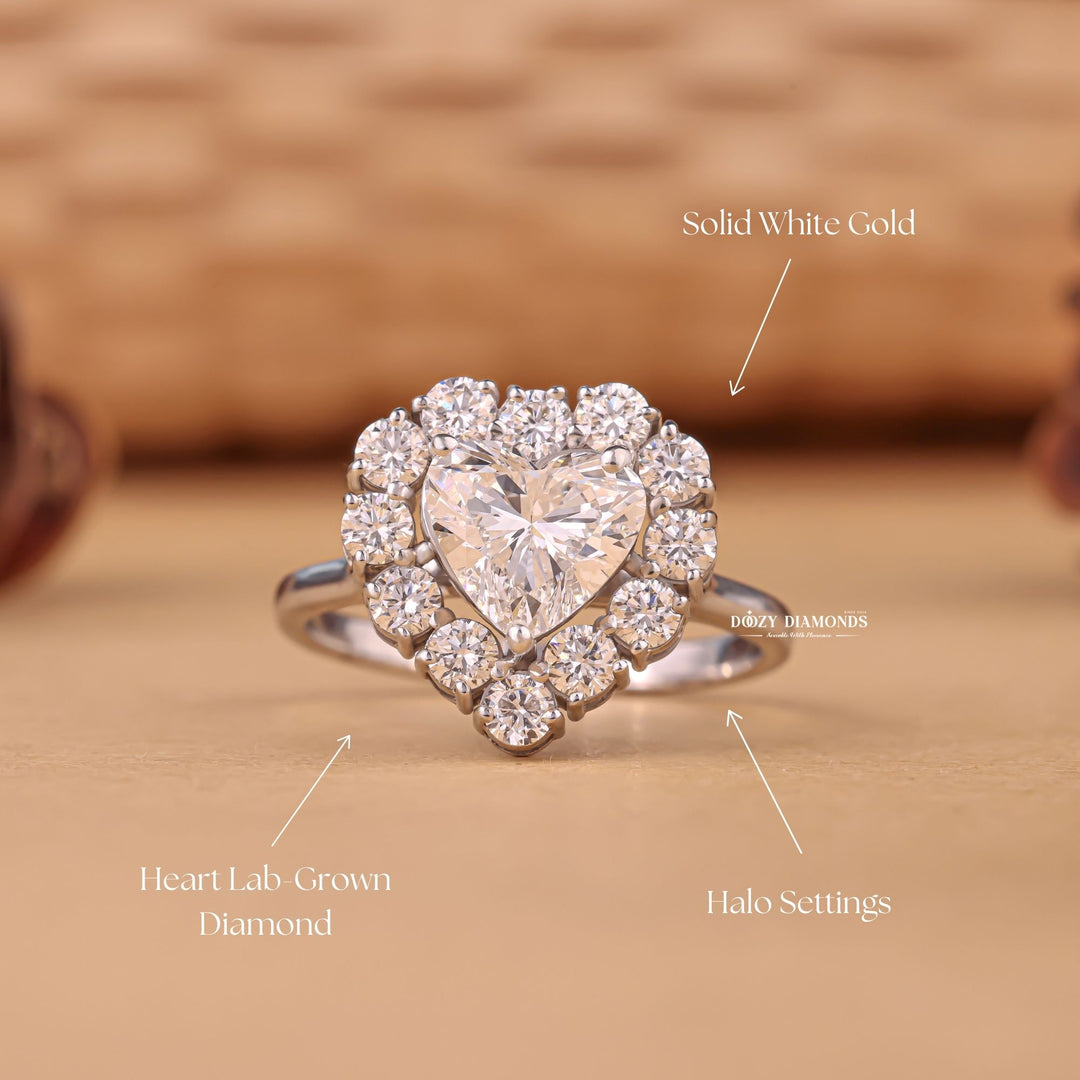 Heart cut halo engagement ring with IGI certified center diamond