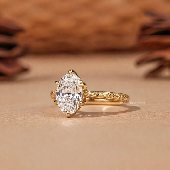 2.50CT Oval F/VVS2 Lab Grown Solitaire Engagement Ring, Six Prong Engraved Gold Band