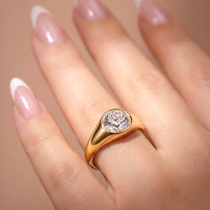 2.0CT Round Rose Cut Style Lab Grown Diamond Bezel Set Signet Ring in Rose Gold