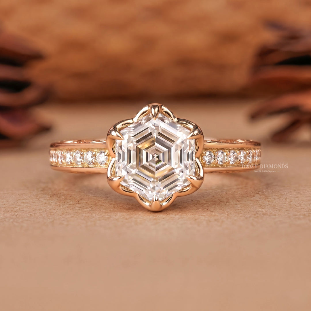 2.0CT Hexagonal E/VVS1 Lab Grown Diamond Floral Halo Engagement Ring