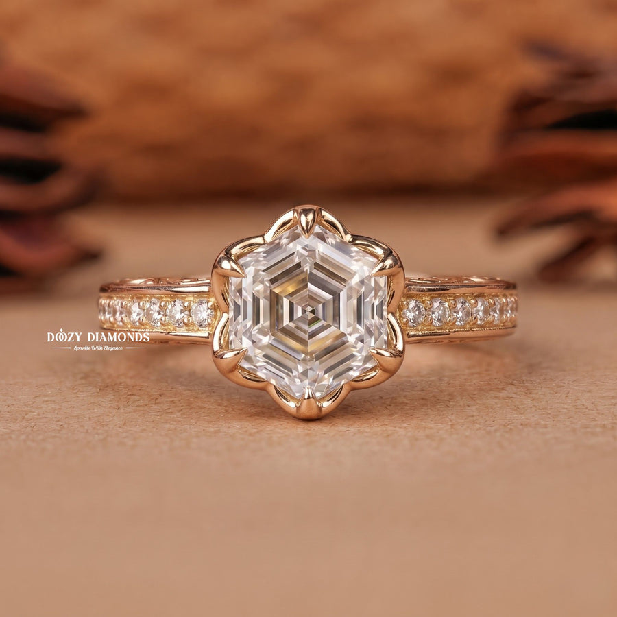 2.0CT Hexagonal E/VVS1 Lab Grown Diamond Floral Halo Engagement Ring - lab grown diamond engagement ring