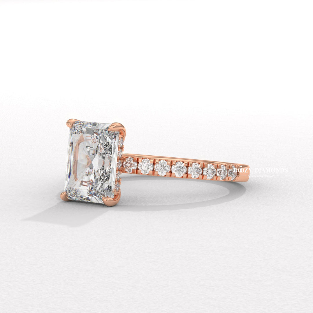 Radiant cut engagement ring side view showing band detail