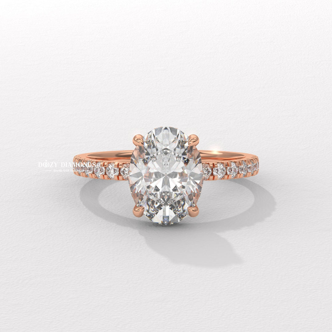 Oval cut engagement ring side view showing band detail