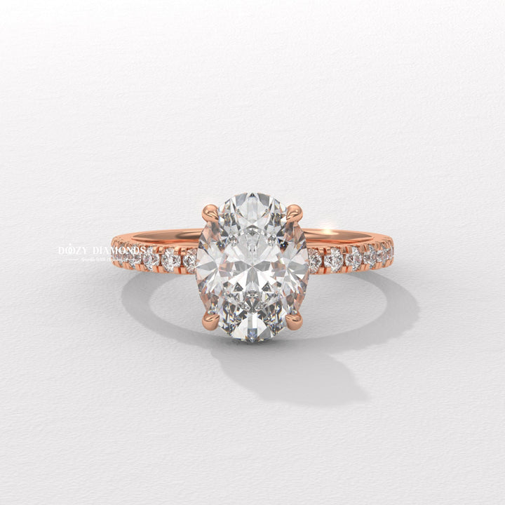 Oval cut engagement ring side view showing band detail