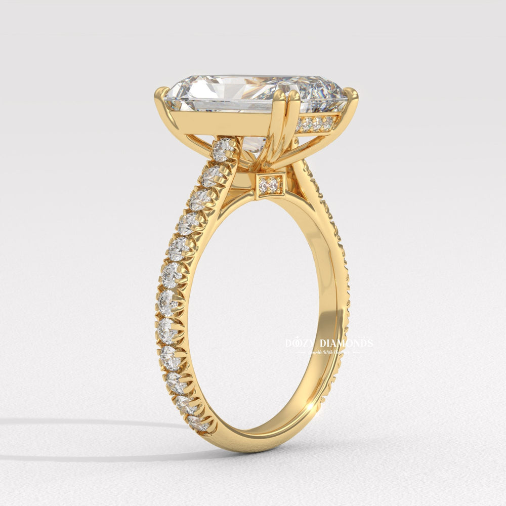 Radiant solitaire engagement ring close-up showing high clarity diamond clarity