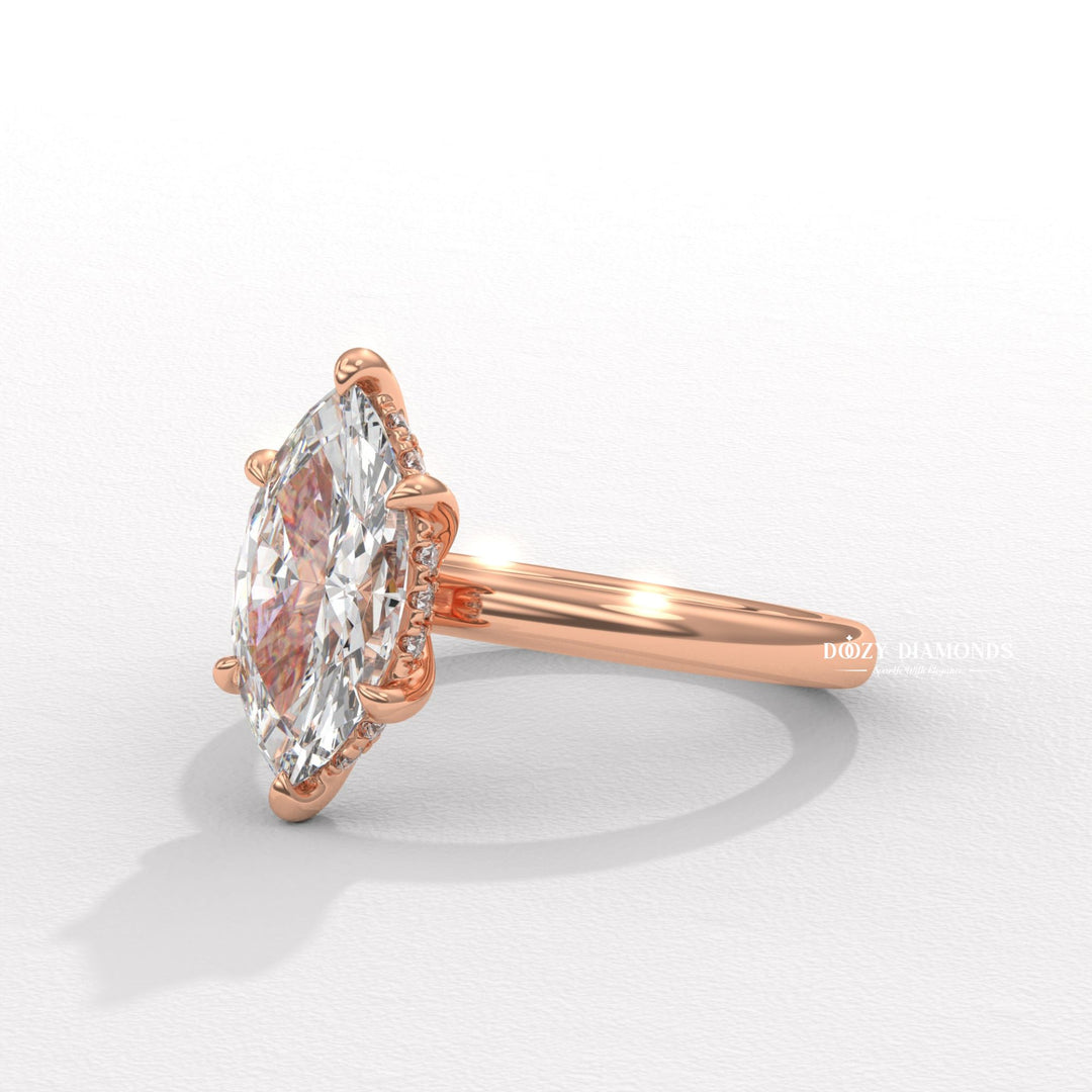 Marquise hidden halo engagement ring with certified lab grown diamond