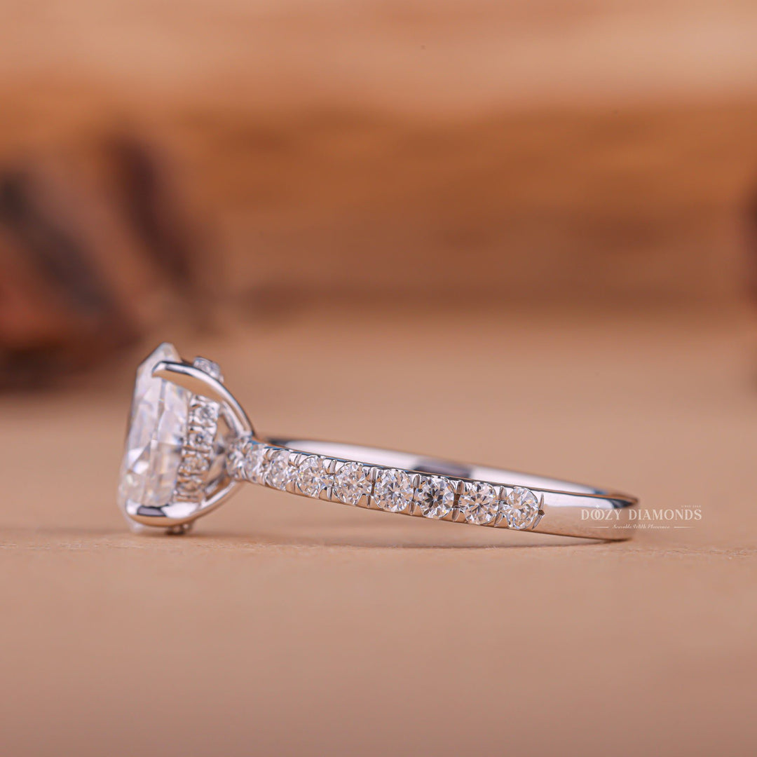Oval hidden halo engagement ring with certified lab grown diamond