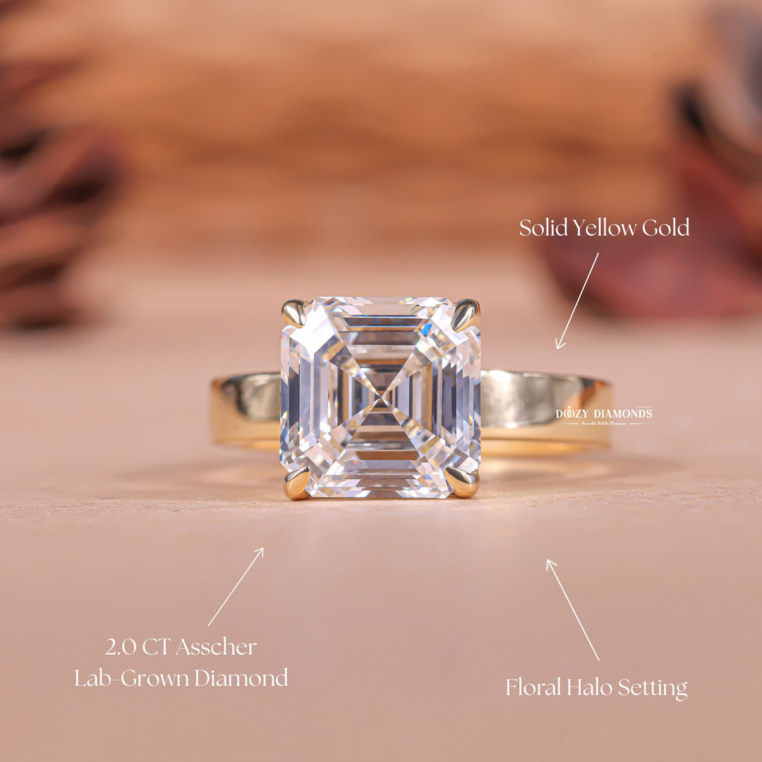 Asscher solitaire lab grown diamond ring fitted on finger