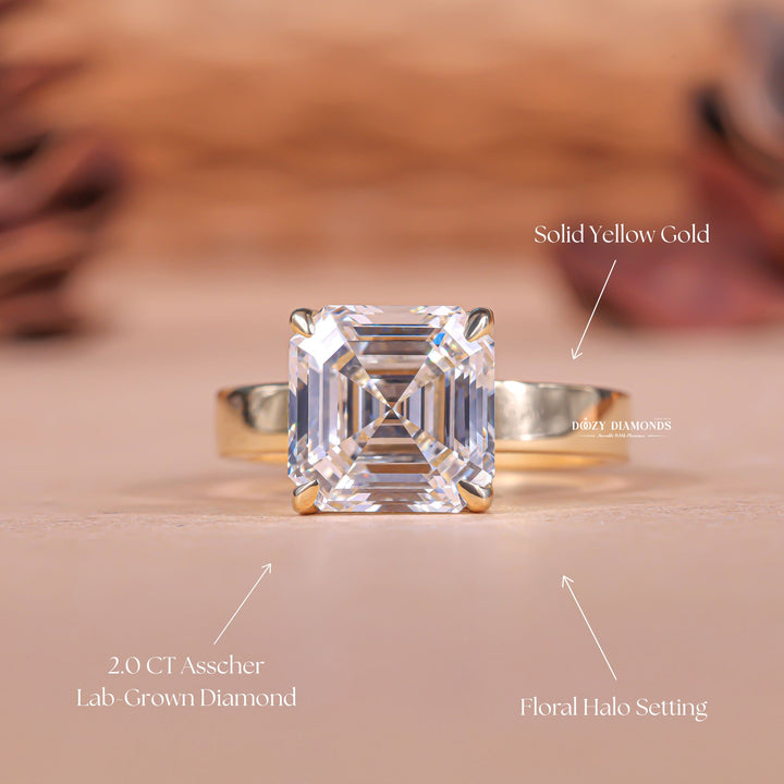Asscher solitaire lab grown diamond ring fitted on finger