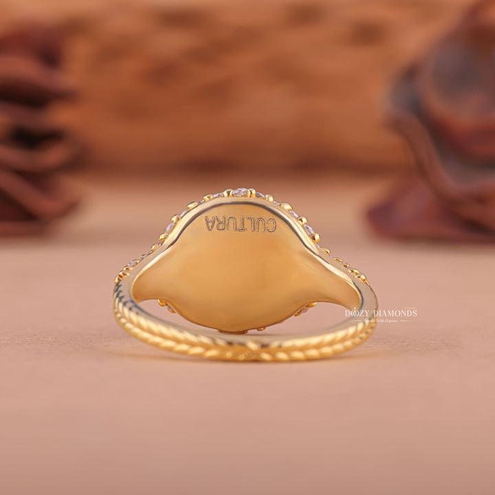 Round dome diamond ring displayed on jewelry stand
